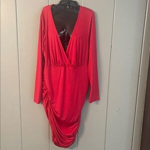 NWT Forever 21 Red Dress Plunge V Neck Ruched Sides Romantic Festival Sexy Siren
